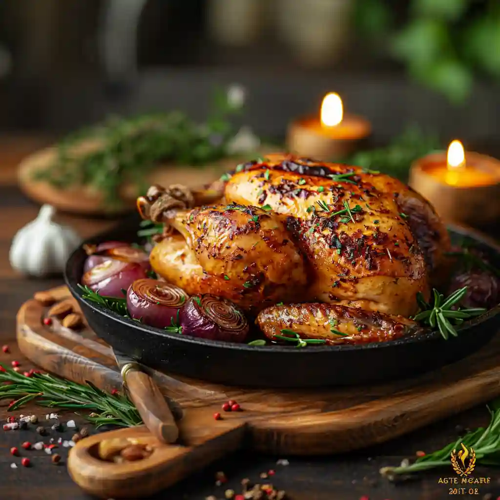 Poulet rôti doré au four servi dans une poêle en fonte avec pommes de terre et oignons rouges, garni de romarin frais et éclairé par des bougies rustiques, ambiance chaleureuse de dîner familial